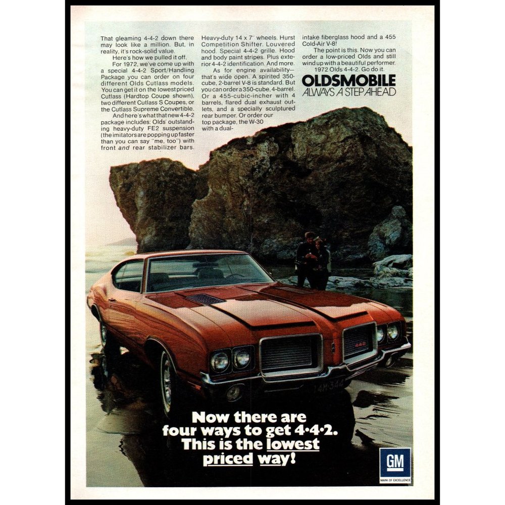 1971 Oldsmobile 4-4-2 Coupe Vintage Print Ad Beach Coast Scuba Diver Wall Art